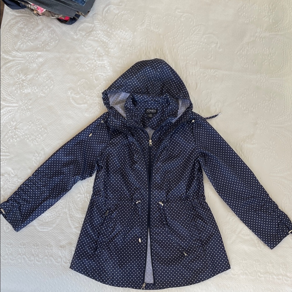 Jones New York Navy Polka Dot Hooded Trench Coat